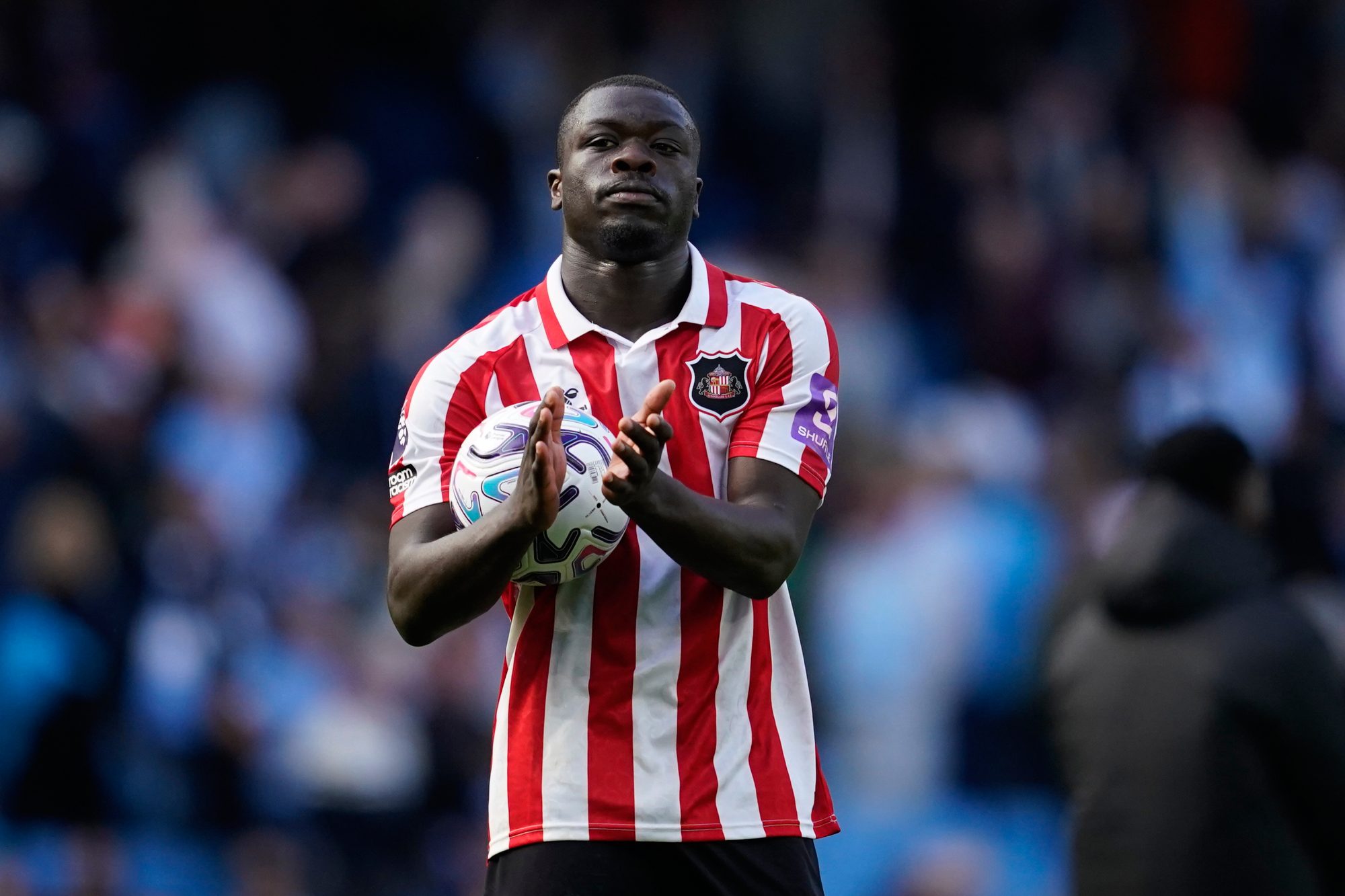 Brian Brobbey celebrates scoring for Sunderland against Manchester City during his hat-trick in a 5-3 defeat