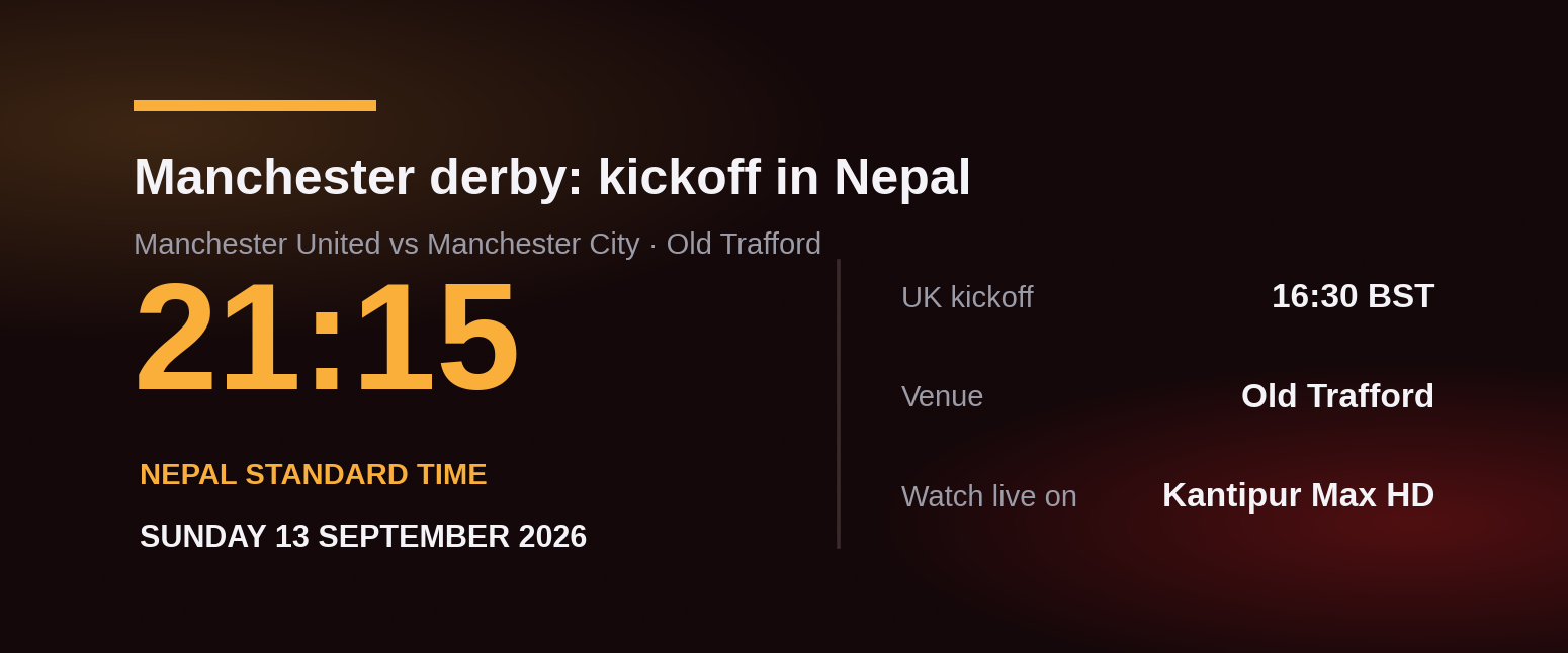 Manchester derby kickoff time in Nepal: 21:15 NST on Sunday 13 September 2026, live on Kantipur Max HD